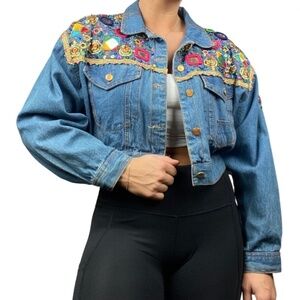 JOU JOU Blue Denim Cropped Jacket with Embroidered Mirror Detail 80's/90's - M